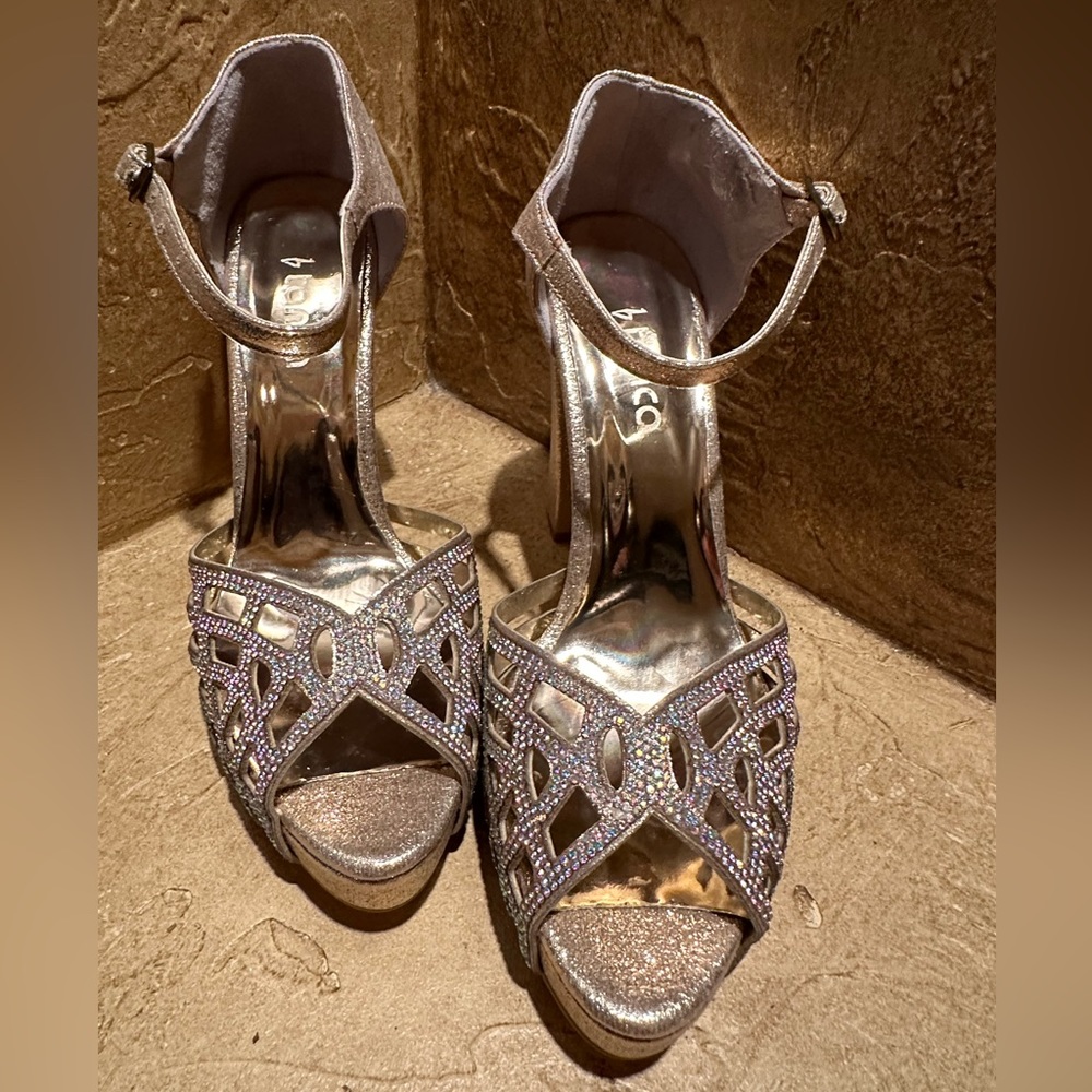 Metallic jeweled block heels